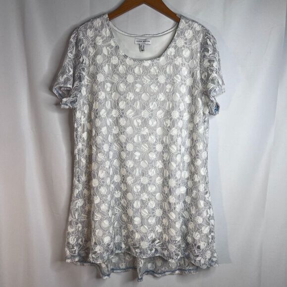 Susan Graver White Lace Overlay Scoop Neck Short Sleeve Blouse Size Large - Picture 9 of 9